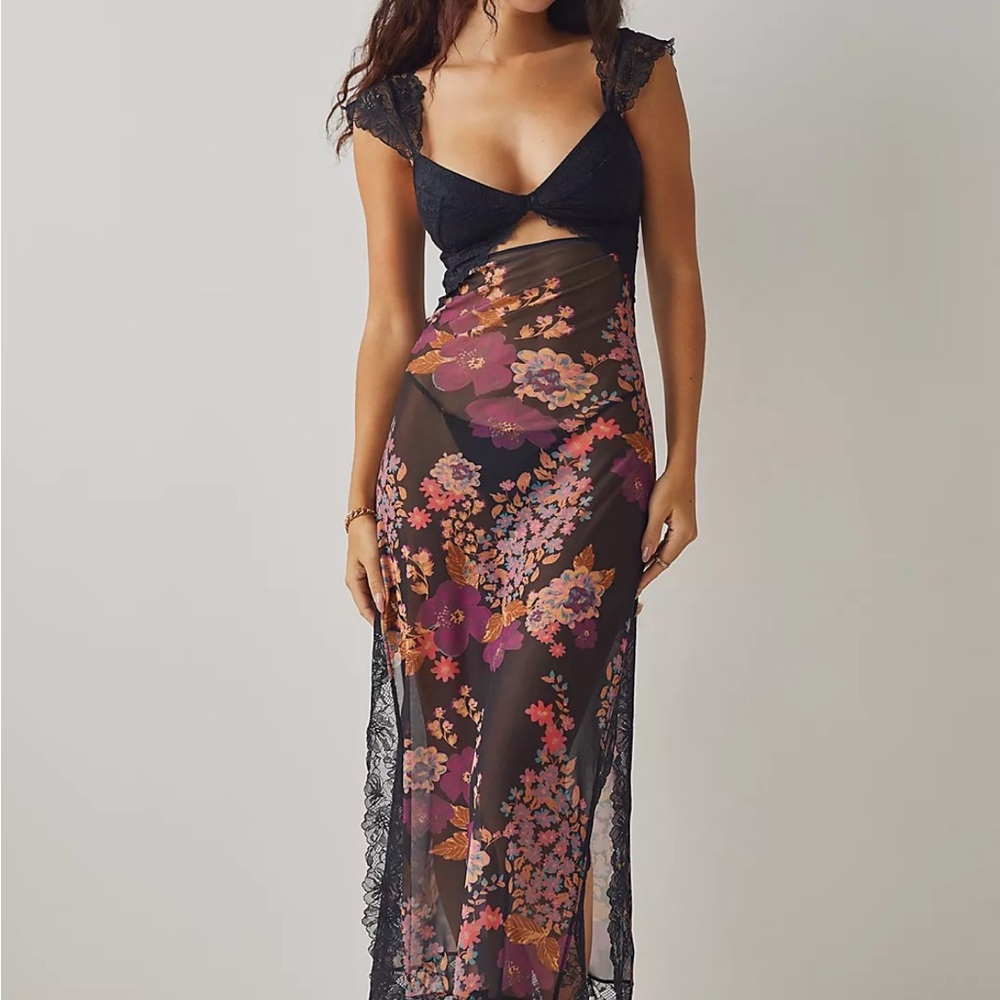 Free People Black and Pink Floral Maxi Dress